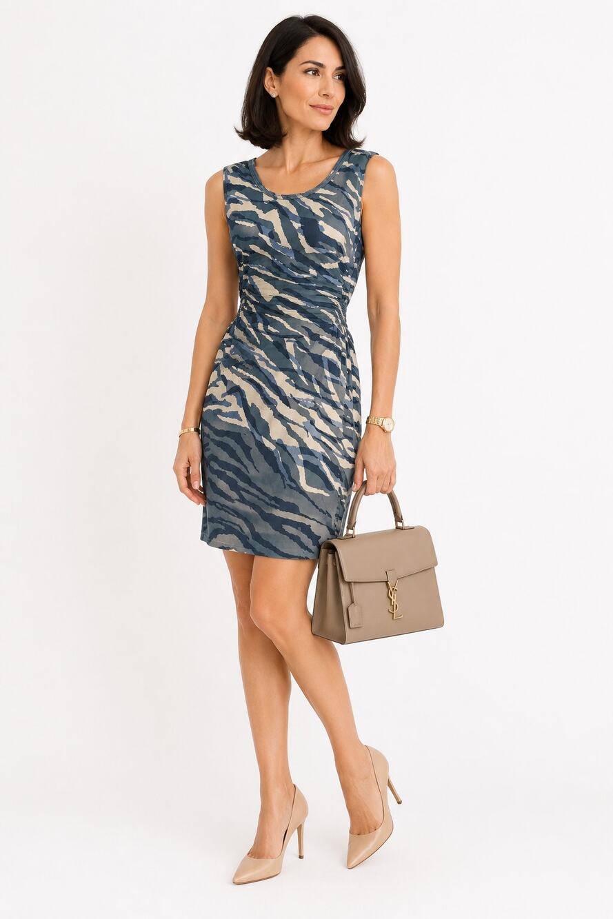 Banana Republic Silk Ruched Sheath Dress 4P Blue Animal Print Petite Career
